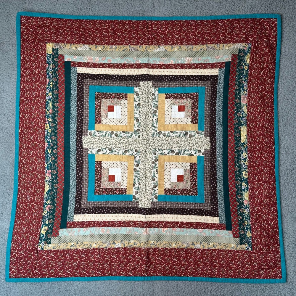 Handmade Log Cabin Patchwork Quilt Square Floral Pinecone Rustic Red Teal 36x36